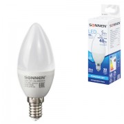 Лампа светодиодная SONNEN, 5 (40) Вт, цоколь Е14, свеча, холодный белый свет, 30000 ч, LED C37-5W-4000-E14, 453710