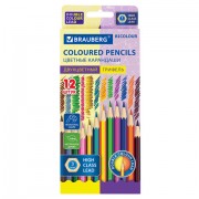 Карандаши с двухцветным грифелем BRAUBERG BICOLOUR, 12 штук, 24 цвета, шестигранные, грифель 3 мм, натуральное дерево, 181855