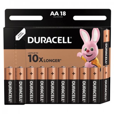 Батарейки КОМПЛЕКТ 18 шт., DURACELL Basic, AA (LR06, 15А), алкалиновые, пальчиковые, блистер