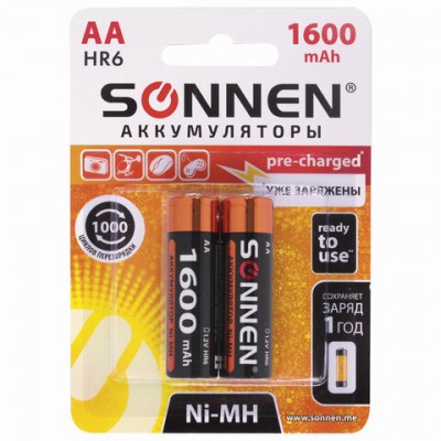 Батарейки аккумуляторные SONNEN, АА (HR06), Ni-Mh, 1600 mAh, 2 шт., в блистере, 454233