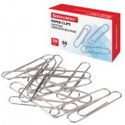 Скрепки большие 50 мм, BRAUBERG, никелированные, 50 шт., в картонной коробке, РОССИЯ, 221525