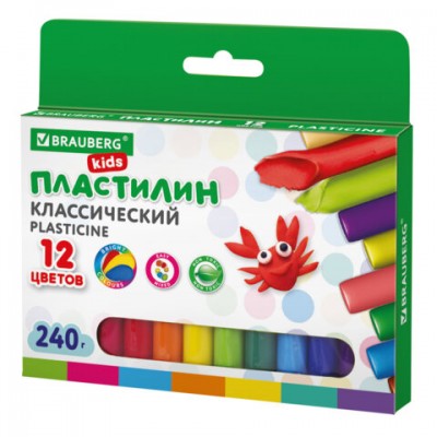 Пластилин классический BRAUBERG KIDS, 12 цветов, 240 г, ВЫСШЕЕ КАЧЕСТВО, 105873