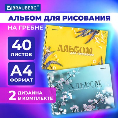 Альбомы д/рис. А4 40л, КОМПЛЕКТ 2шт, гребень, обложка картон, BRAUBERG, 200х283мм, Соцветие, 106737