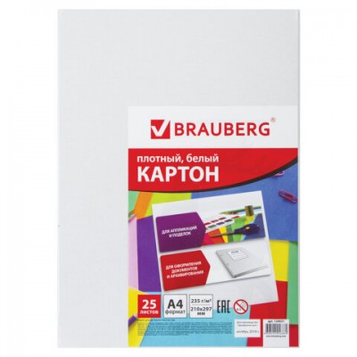 Картон белый А4 МЕЛОВАННЫЙ (глянцевый), 25 листов, в пленке, BRAUBERG, 210х297 мм, 124021