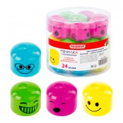 Точилка ПИФАГОР 'Смайлики', 2 отверстия для чернографитных карандашей (в том числе утолщенных), с контейнером, пластиковая, ассорти, 228444