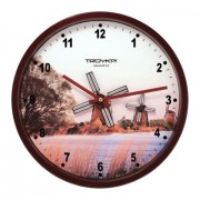 Часы настенные TROYKA 44031441, круг, белые с рисунком 'Мельница', коричневая рамка, 29,5х29,5х5,4 см