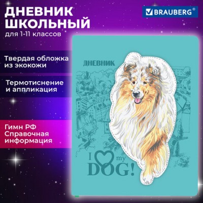 Дневник 1-11 класс 48л, кожзам (тв. с порол.), тиснение, аппликация, BRAUBERG, Собачка, 106940