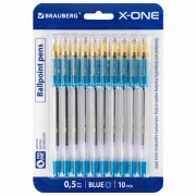 Ручки шариковые с грипом BRAUBERG 'X-ONE', НАБОР 10 ШТУК, СИНИЕ, корпус прозрачный, узел 0,5 мм, линия письма 0,35 мм, 143990