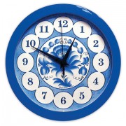 Часы настенные САЛЮТ П-Б4-169, круг, голубые с рисунком 'Гжель', синяя рамка, 28х28х4 см