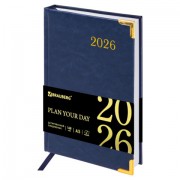 Ежедневник датированный 2026, А5, 138x213 мм, BRAUBERG 'Senator', под кожу, синий, 117091