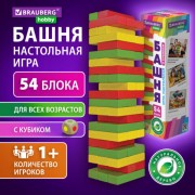 Игра настольная 'ЦВЕТНАЯ БАШНЯ', 54 окрашенных деревянных блока + кубик, BRAUBERG HOBBY, 665493