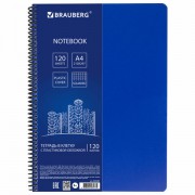 Тетрадь А4, 120 листов, BRAUBERG 'Metropolis', спираль пластиковая, клетка, обложка пластик, СИНИЙ, 403389