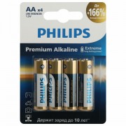 Батарейки алкалиновые 'пальчиковые' КОМПЛЕКТ 4 шт PHILIPS Premium Alkaline, АА (LR6,2, Б0062753