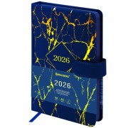 Ежедневник датированный 2026 А5 138x213 мм, BRAUBERG 'Goldy', под кожу, цветной срез, синий, 117472