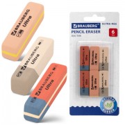 Ластики BRAUBERG 'Ultra Mix' 6 шт., размер ластика 41х14х8 мм, ассорти, натуральный каучук, 229602