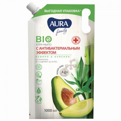 Мыло-крем с антибактериальным эффектом 1л AURA 'Бамбук и авокадо', без триклозана, дой-пак,ш/к 31908, 10199