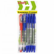 Ручки шариковые и гелевые STAFF 'Basic ST-01', НАБОР 6 ШТУК, АССОРТИ, узел 0,7 мм, линия письма 0,35 мм, 144080