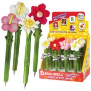 Ручка фигурная 'ЦВЕТОЧКИ', СИНЯЯ, 4 дизайна ассорти, линия письма 0,5 мм, дисплей, BRAUBERG, 142775