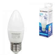 Лампа светодиодная SONNEN, 5 (40) Вт, цоколь E27, свеча, холодный белый свет, 30000 ч, LED C37-5W-4000-E27, 453708