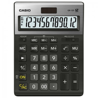 Калькулятор настольный CASIO GR-120-W (210х155 мм), 12 разрядов, двойное питание, черный, МЕТАЛЛИЧЕСКАЯ ВЕРХЯЯ ПАНЕЛЬ, GR-120-W-EP