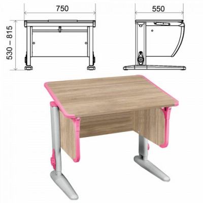 Стол-парта регулируемый 'ДЭМИ' СУТ.41, 750х550х530-815 мм, серый каркас, пластик розовый, дуб сонома (КОМПЛЕКТ)