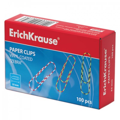 Скрепки ERICH KRAUSE, 33 мм, с цветными полосками 'Zebra', 100 шт., в картонной коробке, 24874