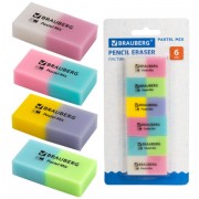 Набор ластиков BRAUBERG 'Pastel Mix', 6 шт., цвета ассорти, 44х21х10 мм, экологичный ПВХ, 229597