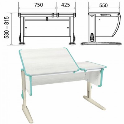 Стол-парта регулируемый 'ДЭМИ' СУТ.42, 1200х550х530-815 мм, бежевый каркас, пластик аквамарин, рамух белый (КОМПЛЕКТ)