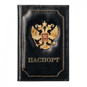 Обложка для паспорта натуральная кожа шик, 3D герб + тиснение 'ПАСПОРТ', черная, BRAUBERG, 238201