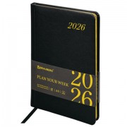 Еженедельник датированный 2026, А5, 145х215 мм, BRAUBERG 'Iguana', под кожу, черный, 117171