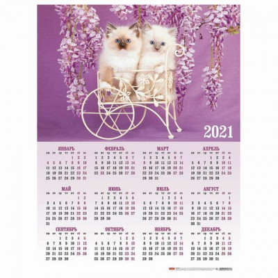 Календарь настенный листовой, 2021 г, А2 формат 45х60 см, 'Два котенка', HATBER, Кл2_08326