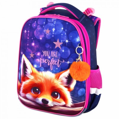 Ранец BRAUBERG PREMIUM, 2 отделения, с брелком, 'Cute fox', LED ЛАМПОЧКИ, 38х29х16 см, 272019