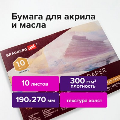 Альбом для акрила и масла, 300 г/м2, 190х270 мм, 10 листов, склейка, тиснение 'холст', BRAUBERG ART PREMIERE, 113267