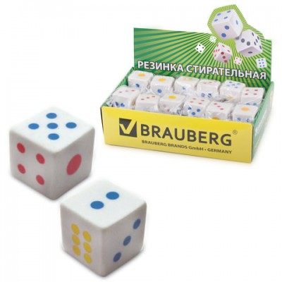 Ластик BRAUBERG 'Game', 24х24х24 мм, белый, ассорти, 223605