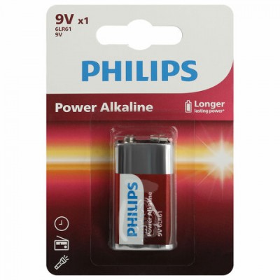 Батарейка алкалиновая 1 шт. PHILIPS Power Alkaline, Крона 9V (6LR61, 6LF22, 1604A), б, Б0062717