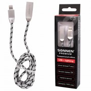 Кабель USB 2.0-Lightning, 1 м, SONNEN Premium, медь, для передачи данных и зарядки, 513126