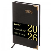 Ежедневник датированный 2026, А5, 138x213 мм, BRAUBERG 'Senator', под кожу, черный, 117094