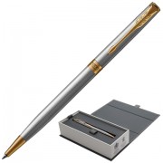 Ручка шариковая PARKER 'Sonnet Core Stainless Steel GT Slim', тонкая, корпус серебристый, позолоченные детали, черная, 1931508