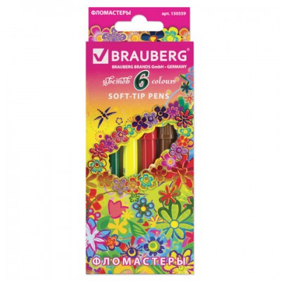 Фломастеры BRAUBERG 'Blooming flowers', 6 цветов, вентилируемый колпачок, картонная упаковка с фольгой, 150559