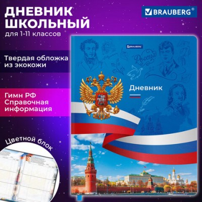 Дневник 1-11 класс 48л, кожзам (твердая), печать, цветной блок, BRAUBERG, Россия, 106954