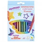 Фломастеры с блестками ЮНЛАНДИЯ 12 цветов, 'ЮНЫЙ ВОЛШЕБНИК', ударопрочный наконечник, вентилируемый колпачок, картон, 151650