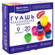 Гуашь BRAUBERG 'АКАДЕМИЯ КЛАССИЧЕСКАЯ ЭКСТРА', 9 цветов по 20 мл, 192372