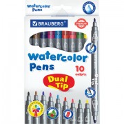 Фломастеры двусторонние BRAUBERG 'PREMIUM' 'DUAL-TIP', 10 шт., 10 цветов, два наконечника, картонная коробка с европодвесом, 151946