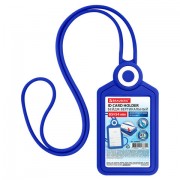 Бейдж вертикальный для пропуска и ID-карт, СИЛИКОНОВЫЙ, 85х54 мм, шнурок 42 см, синий, BRAUBERG, 238902