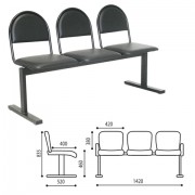 Кресло для посетителей трехсекционное 'Тройка', 835х1420х520 мм, черный каркас, черный кожзам, СМ 91-03 К01