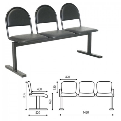 Кресло для посетителей трехсекционное 'Тройка', 835х1420х520 мм, черный каркас, черный кожзам, СМ 91-03 К01