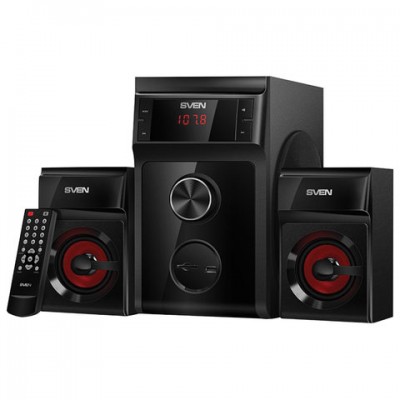 Колонки компьютерные SVEN AC MS-302, 2.1, 40 Вт, FM-тюнер, USB, SD, MP3-плеер, дерево, черные, SV-013554