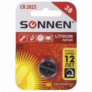 Батарейка литиевая SONNEN Lithium CR2025 'таблетка, дисковая, кнопочная' 1 шт., блистер, 451973