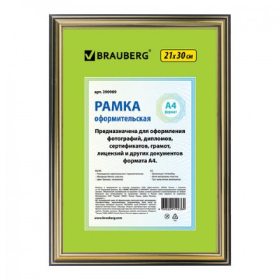 Рамка 21х30 см, пластик, багет 20 мм, BRAUBERG 'HIT3', бронза с двойной позолотой, стекло, 390989