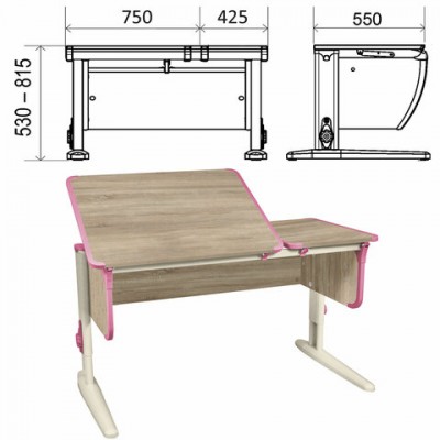 Стол-парта регулируемый 'ДЭМИ' СУТ.42, 1200х550х530-815 мм, бежевый каркас, пластик розовый, дуб сонома (КОМПЛЕКТ)